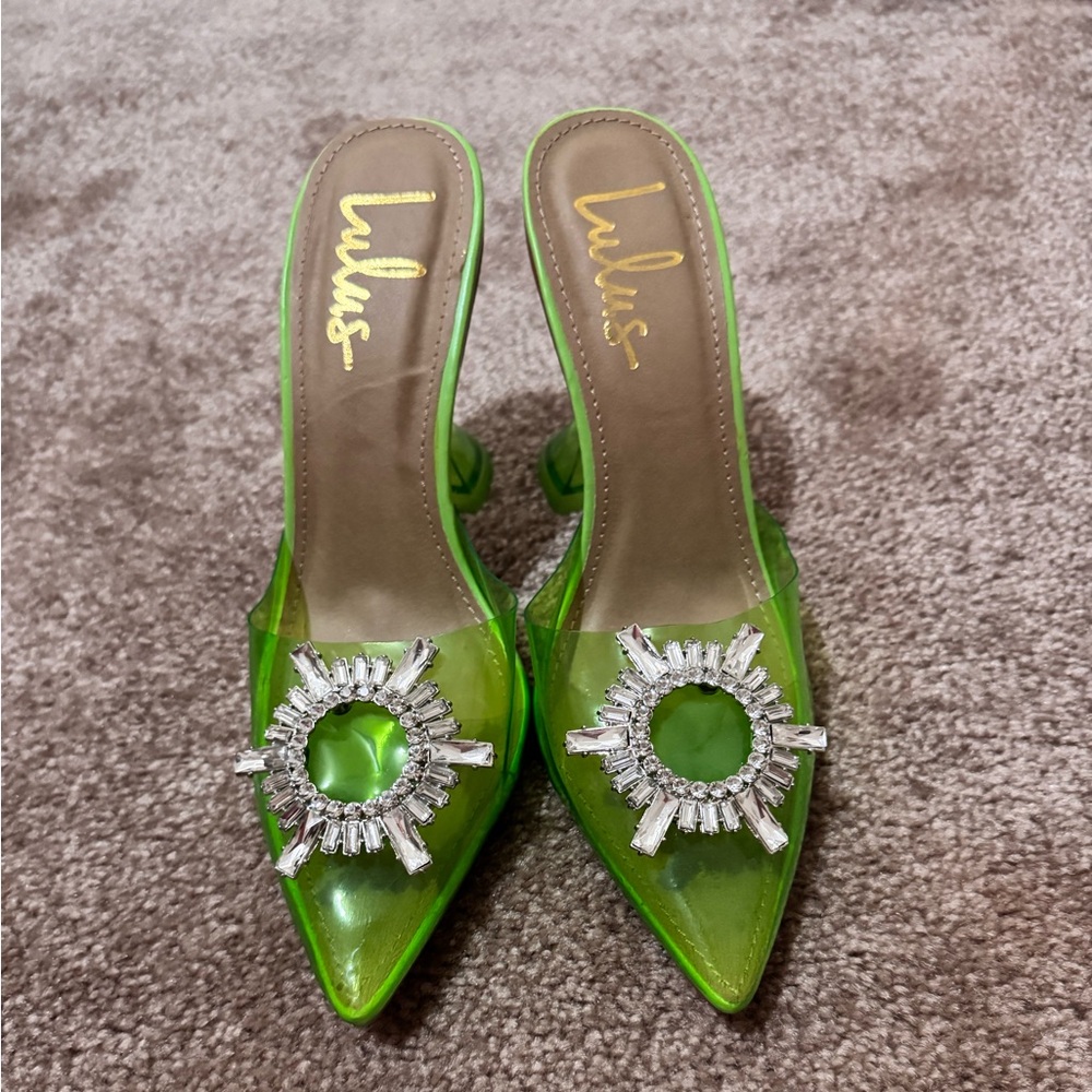 Lulu's Vibrant Green Heels with Crystal Embellishment